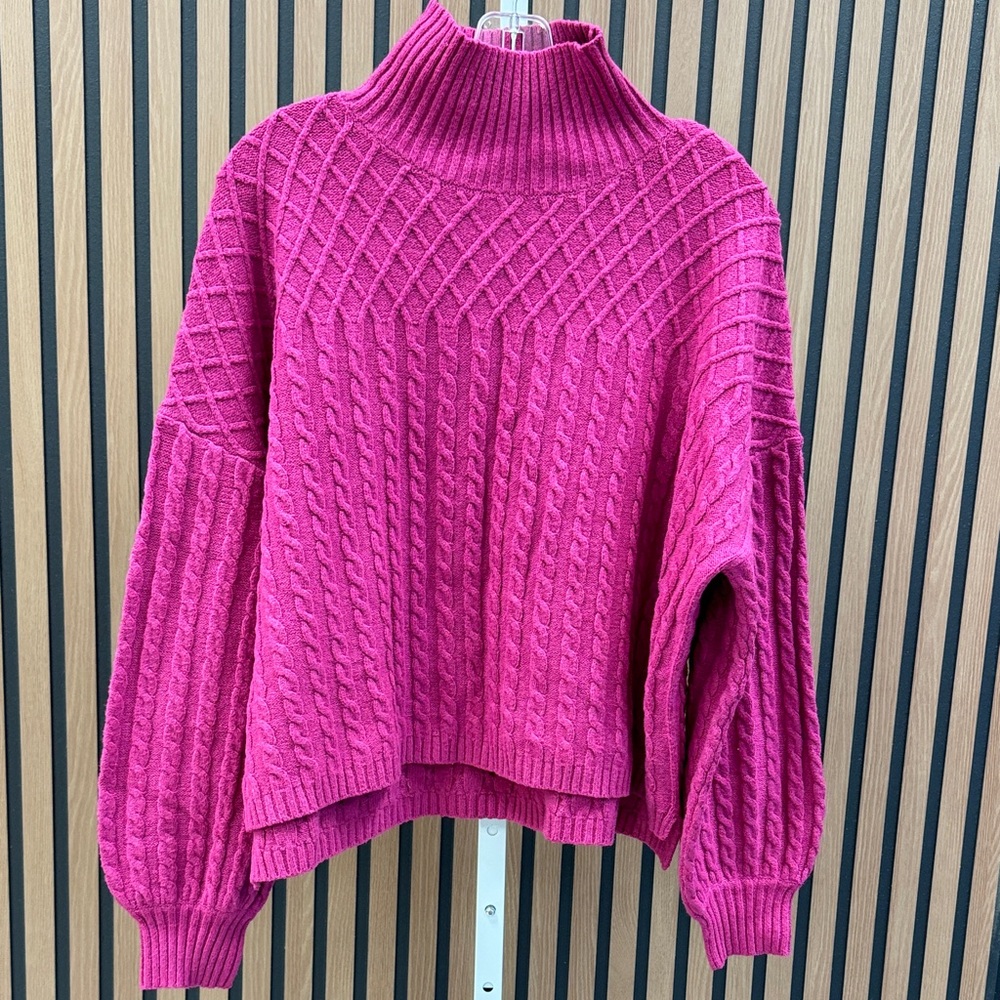 Oliver Cabell Mock Neck Magenta Diamond Pattern Sweater